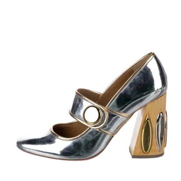 Tory Burch Madison Silver Gold Color Metallic Block Heel Mary Jane Pumps - Picture 4 of 5